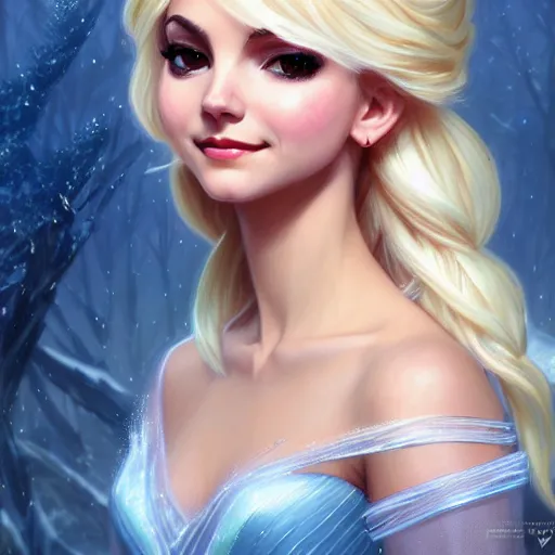 Image similar to Blonde Victoria Justice as Elsa from Frozen, western, D&D, fantasy, intricate, elegant, highly detailed, digital painting, artstation, concept art, matte, sharp focus, illustration, art by Artgerm and Greg Rutkowski and Alphonse Mucha