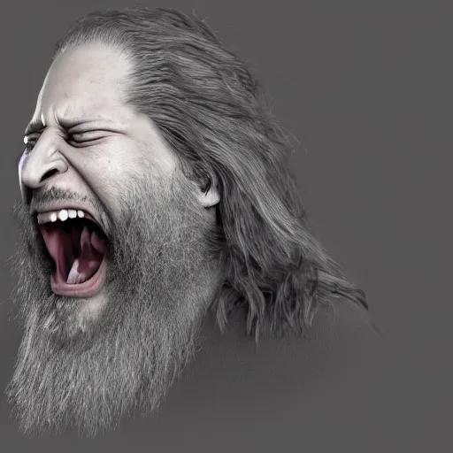 Image similar to richard stallman screaming, angry, furious, photograph, photorealistic, detailed, 8k HDR, trending on artstation,