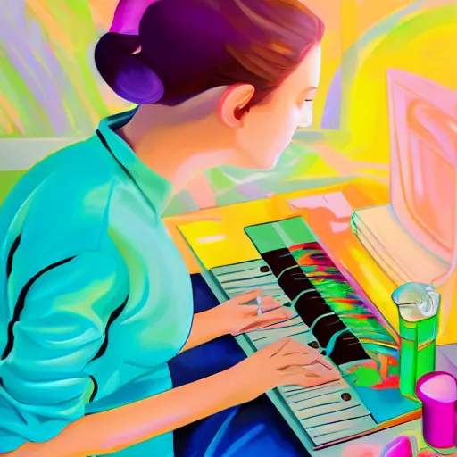 Image similar to realistic painting portrait of a woman programming a computer, colorful computer screen, home office, colorful toys all over the floor, piano in the background, cosy, serene, morning light, detailed painting, vivid colors, solid color background