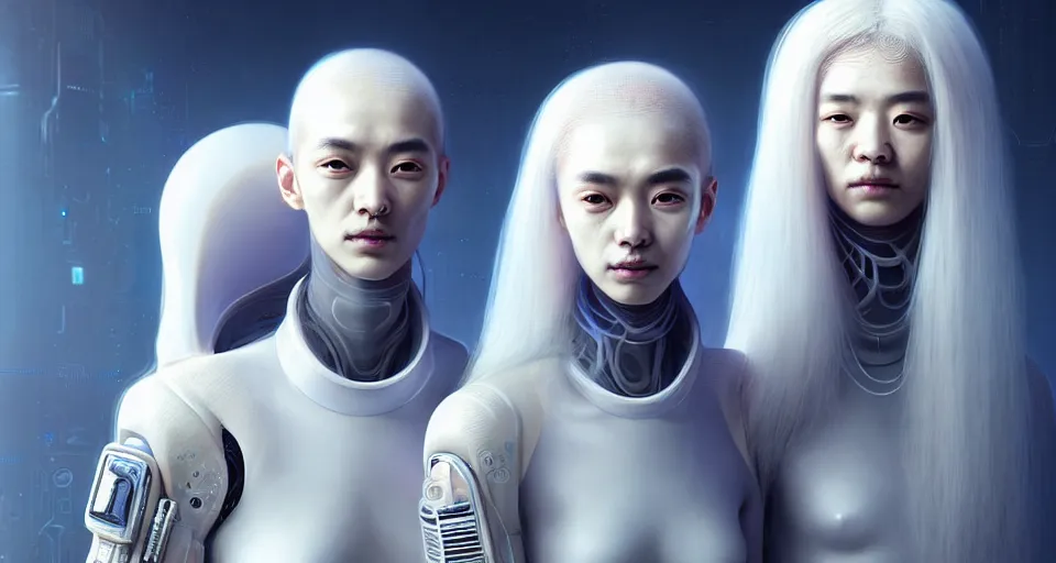 Image similar to portrait of yael shelbia and kang seul - gi, venus squid astronaut, symetrical facial, white hair, intricate design details. cyberpunk, touareg, by ruan jia and weldon casey. smooth gradients, deep space.