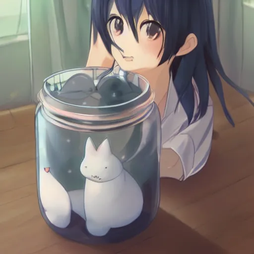 Prompt: kawaii, a beautiful adorable big creature sitting in a jar, by makoto shinkai an krenz cushart