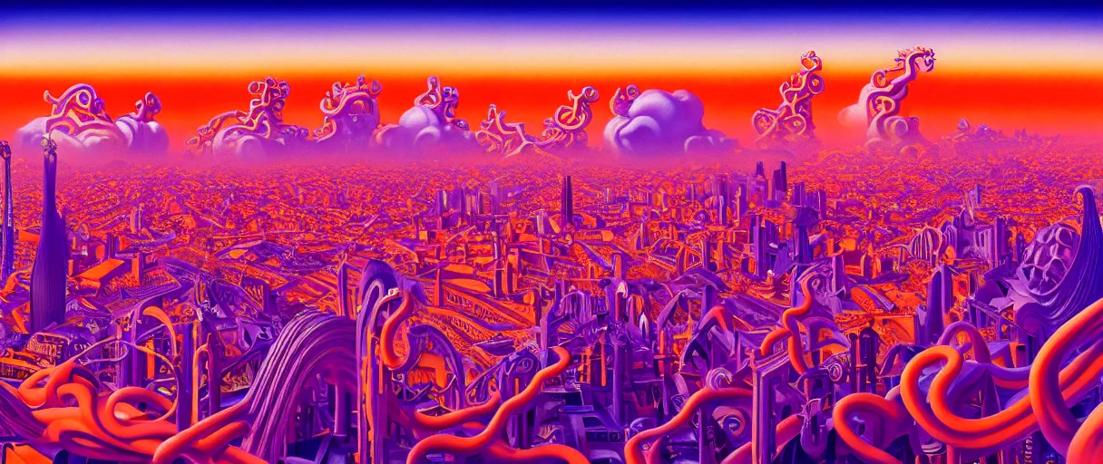 Image similar to hyper-ornate sky city of barcelona on giant orange and purple cyborg tentacles coming out of puffy clouds matte painting concept art alex grey kay sage sorayama cinematic soft red lighting high angle hd 8k sharp shallow depth of field