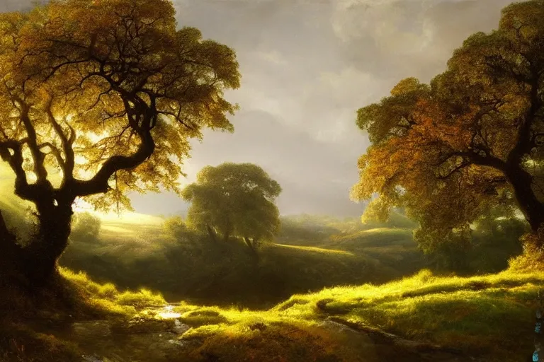 Image similar to masterpiece painting of oak trees on a hillside overlooking a creek, dramatic lighting, by mariusz lewandowski