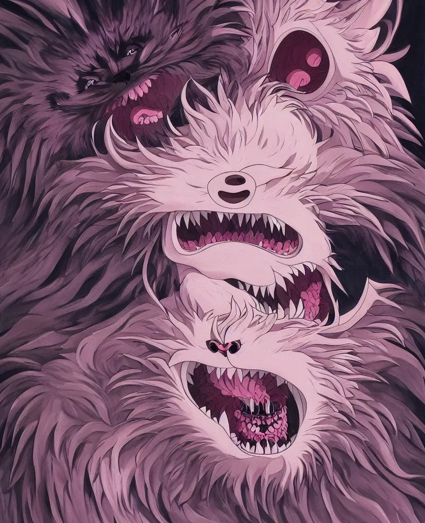 Image similar to beautiful painting from the anime film by studio ghibli, pink anthropomorphic werewolf human hybrid, drooling teeth bared, fur, trending on artstation, by raqib shaw and MC Escher