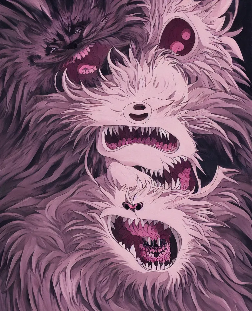 Prompt: beautiful painting from the anime film by studio ghibli, pink anthropomorphic werewolf human hybrid, drooling teeth bared, fur, trending on artstation, by raqib shaw and MC Escher