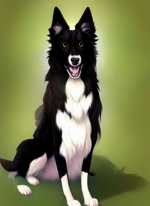 Image similar to wide angle beautiful full body portrait of a cute anthro male border collie fursona with two legs posing in front of a park, character design by charlie bowater, henry asencio, and ross tran, furry art, furaffinity, beautiful, glamor pose, detailed, aesthetic, trending on artstation