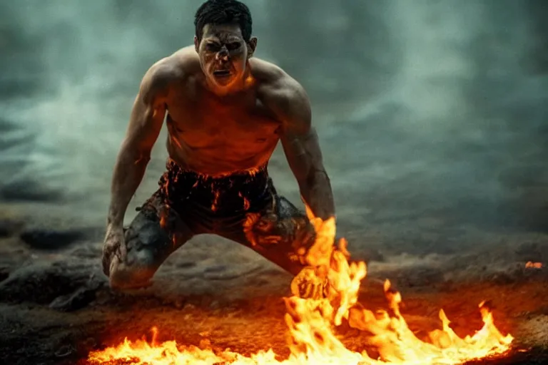 Image similar to a cinematic wide - angle photograph of a mutant made of fire walking through a river in a vast serene landscape, beautiful lighting, high depth, ultra realistic, artistic, by zack snyder and john harris