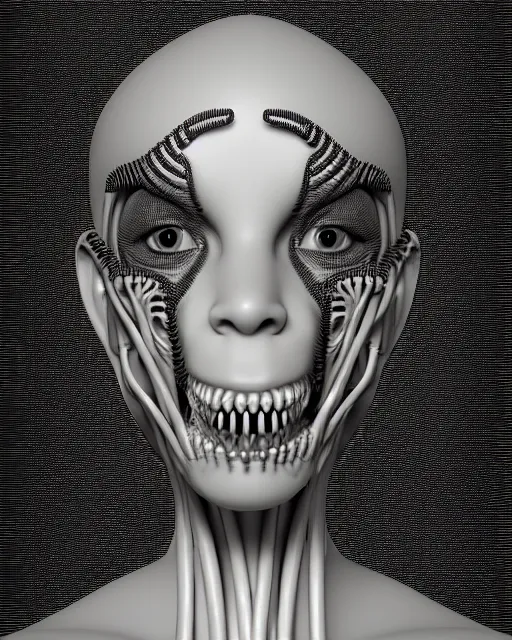 Image similar to a black and white 3D render of a young beautiful female queen-dragon-cyborg bust with a very long neck and a Mandelbrot fractal face, anatomical, flesh, facial muscles, veins, arteries, full frame, microscopic, elegant, highly detailed, flesh ornate, cable wires, elegant, high fashion, rim light, octane render, in the style of H.R. Giger, Realistic, Refined, Digital Art, Highly Detailed, Cinematic Lighting, rim light, black and white, photo-realistic, 8K