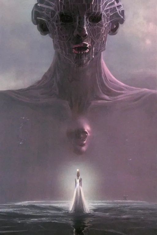 Image similar to godess of artificial intelligence floating above the humanity, sharp focus, by rozalski, by wayne barlowe, cinematic, cinematic shot, megalophobia