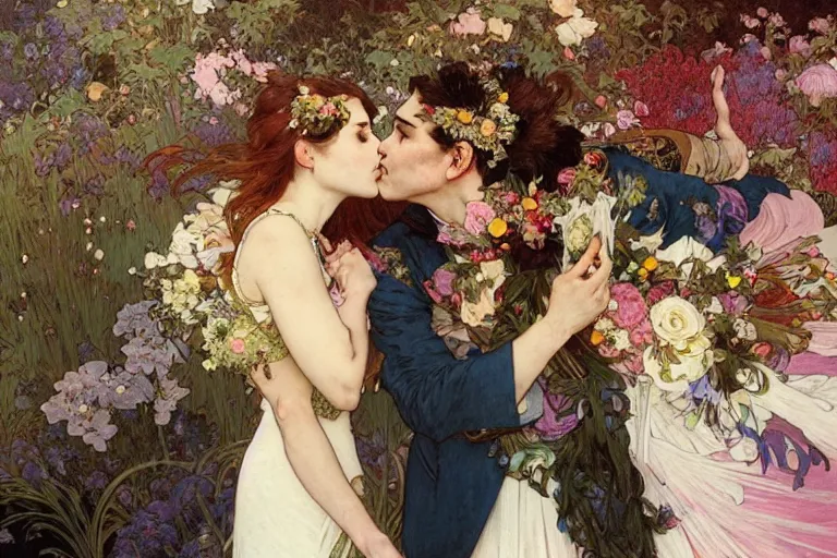 Image similar to the groom kisses the bride at a wedding full of flowers, bright and happy, dreamlike art, highly detail, 4 k realistic, wedding photoy krenz cushart. artem demura. alphonse mucha. yoji shinkawa artgerm. jon lothian. danilo torres. adi meyers. thomas reimann. gaston bussiere.