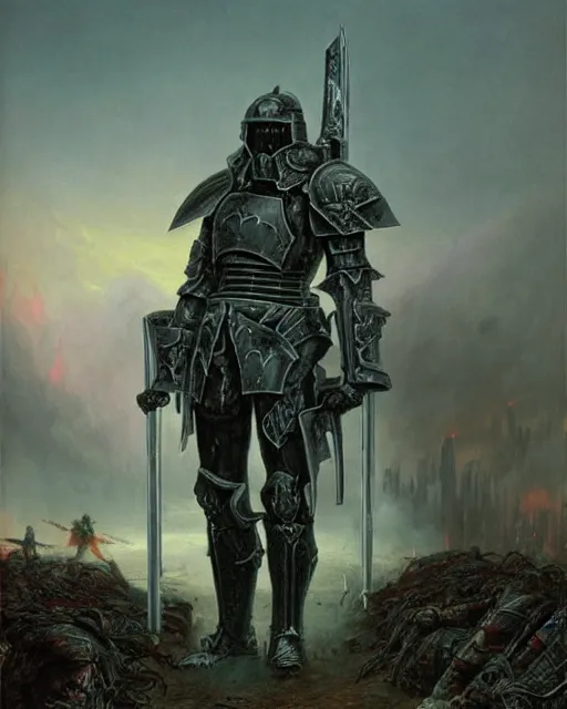 Image similar to a heavily armoured death knight standing in a battlefield of fallen, by thomas cole and wayne barlowe