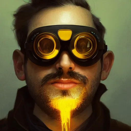 Image similar to an inventor, goggles, thin beard, messy black hair, d & d, solid yellow background, fantasy, intricate, cinematic lighting, highly detailed, digital painting, artstation, concept art, smooth, sharp focus, illustration, art by artgerm and greg rutkowski and alphonse mucha