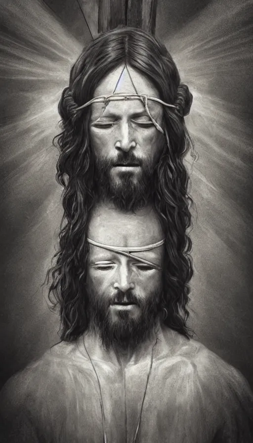 Image similar to full - body portrait of a creepy realistic jesus christ wearing blindfold!!!!!!!!!!!!!!!!!!!!!!!!, traditional art, dark, surrealism, german romanticism style, ornate and elegant, hightly detailed