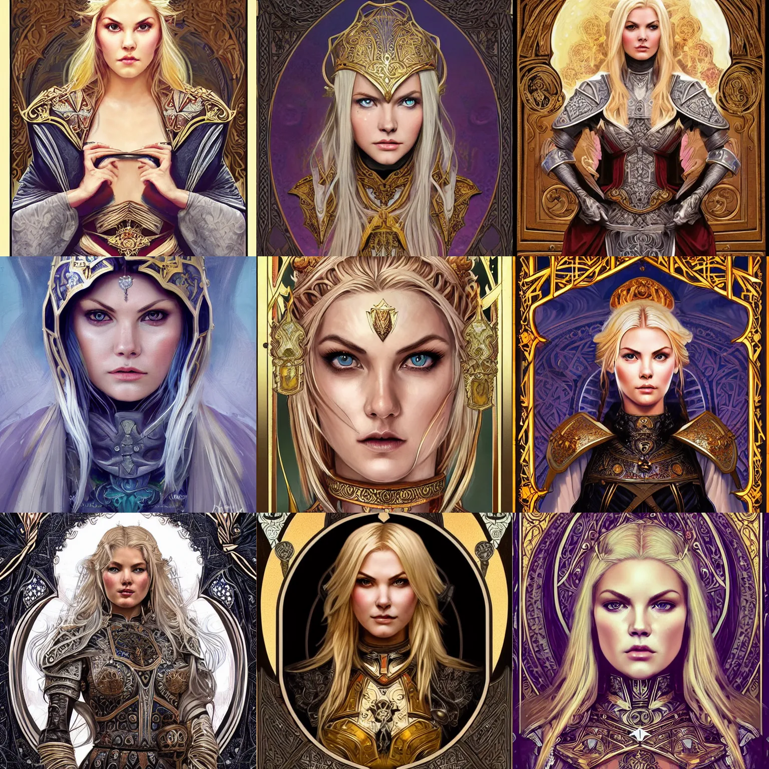 Prompt: head-on symmetrical centered painted portrait, Elisha Cuthbert as a paladin, blonde hair, ornate iron armour, art nouveau, tarot card style, medieval robes, fantasy, intricate, elegant, highly detailed, smooth, sharp focus, illustration, artstation, in the style of Artgerm and Anna Podedworna and Alex Ross and Mucha