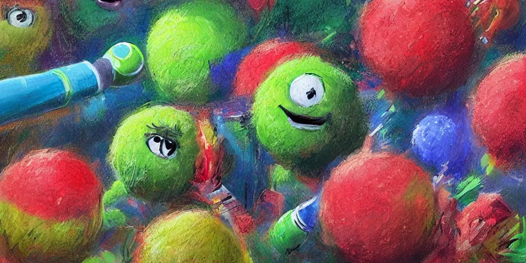 Prompt: tennis ball monsters, tennis match, tennis court, spectators, stadium, digital art, fantasy, magic, chalk, chalked, trending on artstation, ultra detailed, detailed, fine details, professional illustration by basil gogos