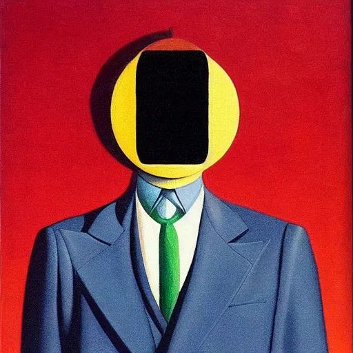 Prompt: a portrait of a well dressed business man, thehe planet saturn is his face!!!!!!, art by Rene Magritte