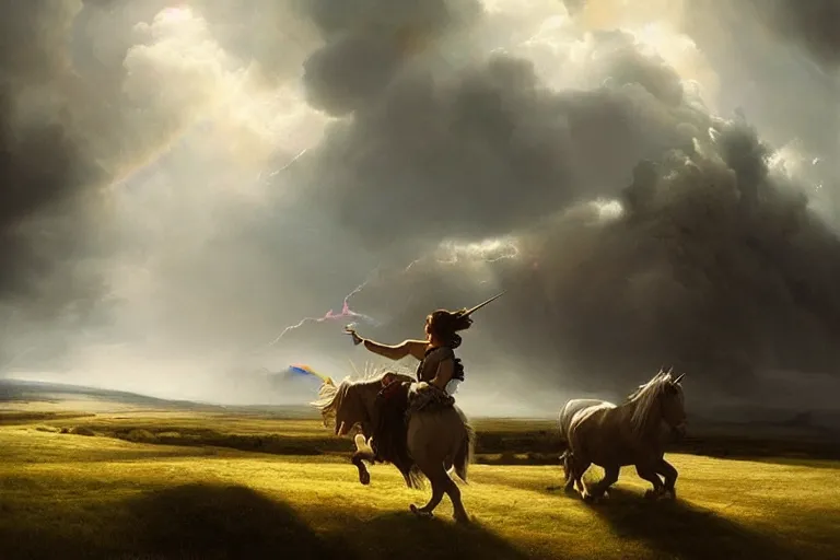 Image similar to a unicorn in the style of Caravaggio, walking across a rainbow. Beautiful clouds, highly detailed. Greg Rutkowski, digital art. Trending on artstation. Dramatic composition and beautiful light.