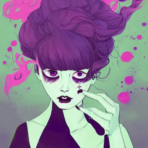 Image similar to Highly detailed portrait of pretty punk zombie young lady with, freckles and beautiful hair by Atey Ghailan, by Loish, by Bryan Lee O'Malley, by Cliff Chiang, inspired by image comics, inspired by graphic novel cover art, inspired by izombie !! Gradient purple and green color scheme ((grafitti tag brick wall background)), trending on artstation