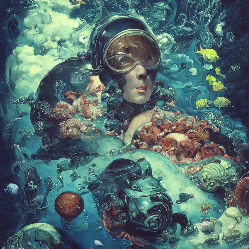 Prompt: a close - up view, renaissance portrait of an adorable cute little alien underwater surrounded by sea creatures. deep blue and green tones. night time. gloomy dark black background. highly detailed fantasy science fiction portrait painting by norman rockwell, moebius, frank frazetta, and syd mead. rich colors, high contrast. artstation