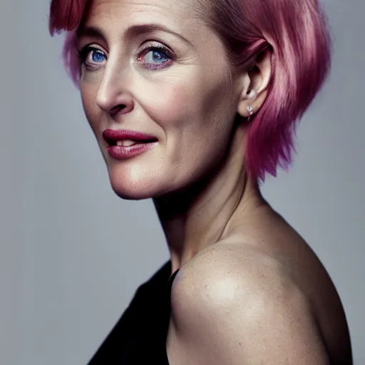 Prompt: photo of a gorgeous 50-year-old Gillian Anderson with pink pixie cut hairstyle by Mario Testino, detailed, head shot, award winning, Sony a7R -