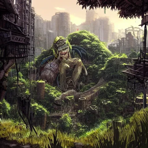 Image similar to a giant troll in city ruins overtaken by vegetation in anime style highly detailed by makoto Shinkai and Raphael Lacoste