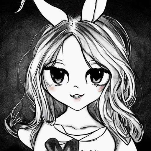 Prompt: cute bunny girl black and white art