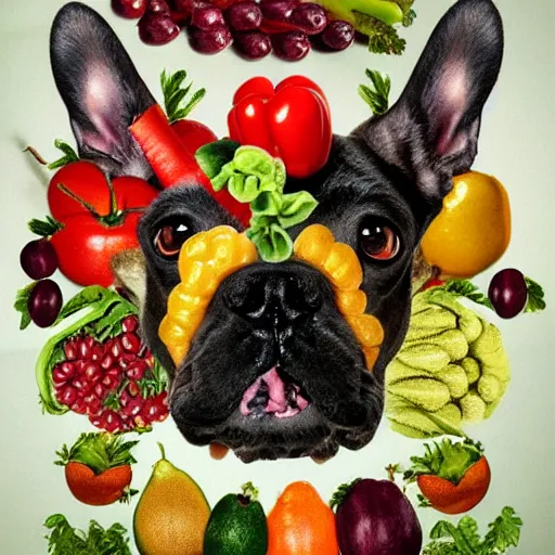 Prompt: black french bulldog made of fruits and vegetables by giuseppe arcimboldo