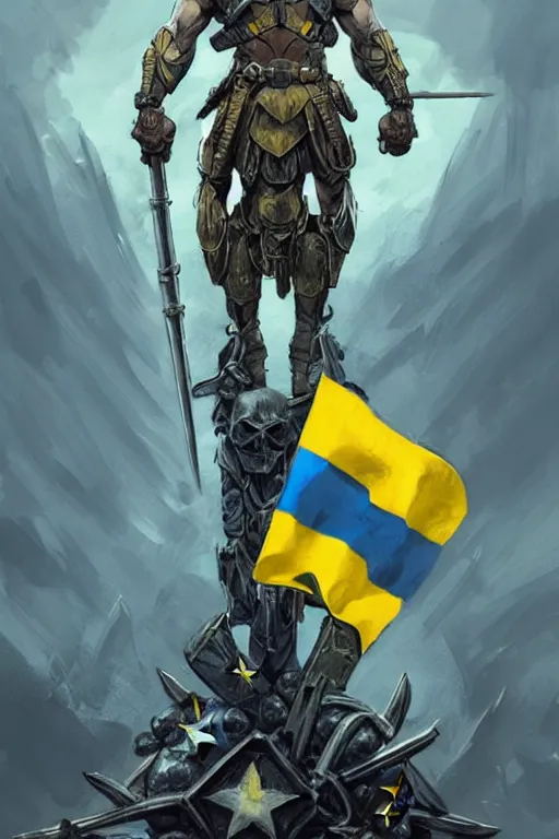 Image similar to a distant shot of a super soldier with blue and yellow flag and a trident symbol standing alone on a huge pile of skulls as a winner, masculine figure, D&D, fantasy, intricate, elegant, highly detailed, extremely detailed, digital painting, artstation, concept art, matte, smooth, sharp focus, illustration, art by Artgerm and Greg Rutkowski and Alphonse Mucha