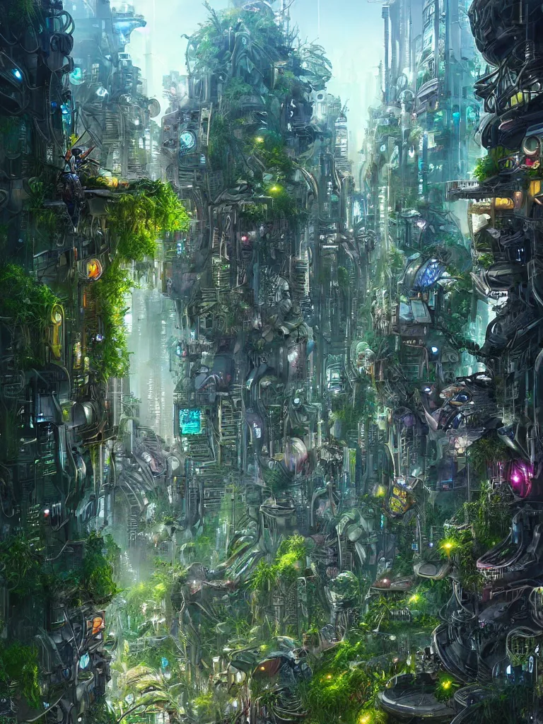 Prompt: a cyberpunk city overgrown with biopunk foliage by tony sart, fantasy, artstation, smooth, illustration