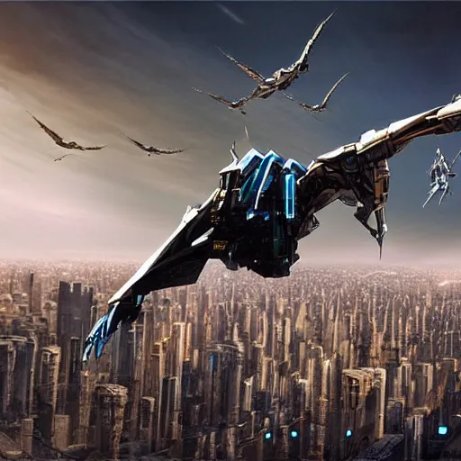 Image similar to hyper-realistic detailed photograph, long shot, robot mecha pterodactyl in flight over a dark city, cyberpunk