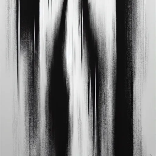 Image similar to a solemn simulacrum, standing inside an infinite corridor, trending on artstation, abstract black and white painting