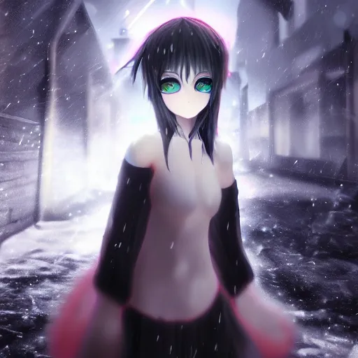 Prompt: photorealistic full body shot of masterpiece angry darkness anime girl, beautifull manga lovely eyes, electric aura with particles, snowing frozen ice, darkness background, detailed, unreal engine 4 k, volumetric light, fog