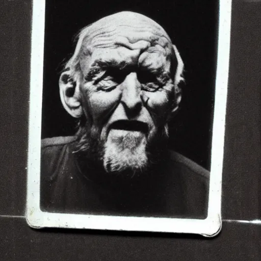 Prompt: a realistic polaroid photo of an old man after a failed experiment inside a laboratory, the head of the old man is deformed and dark, evil god, cosmic horror