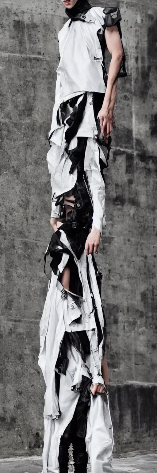 Image similar to beautiful androgynous avant garde techwear look and clothes, intricate, Rick Owens, Y3, trending on r/streetwear, fit pic, rule of thirds,