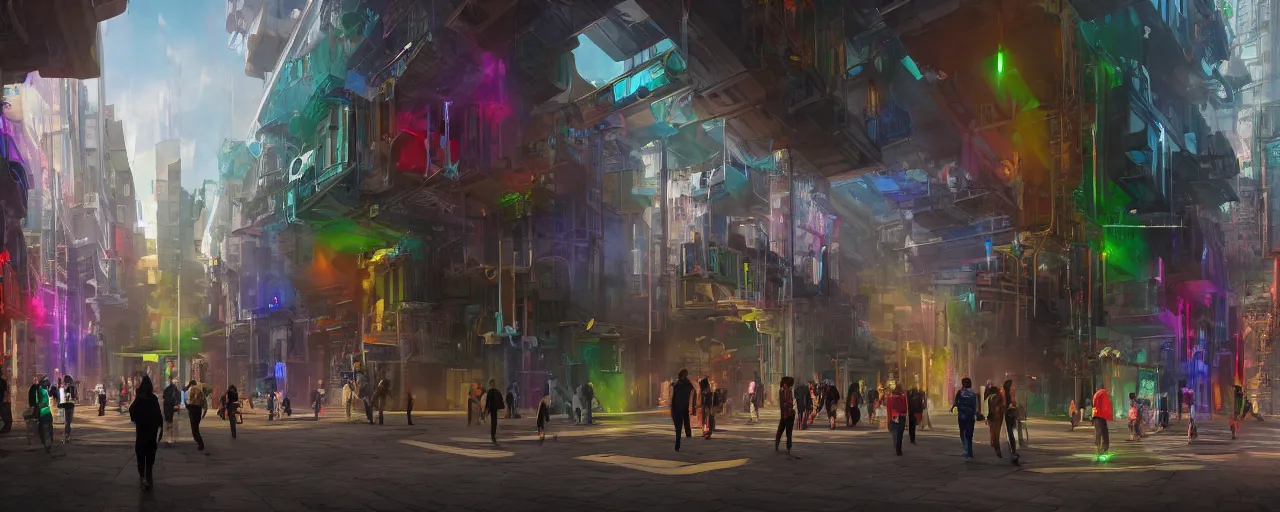 Prompt: A colorful science fiction neigbourhood, in the future. The walls change colour and shape depending on the clothing of the people walking in front of them, epic lighting, 8K, volumetric light, lightrays, 35mm, urban, hyperrealistic, insanely detailed, atmospheric