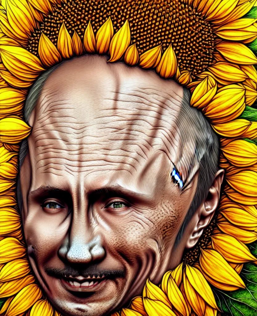 Image similar to digital art, centered full body of Putin smiling king, Sunflower crown, ,intricate, veins, by James Jean and by artgerm , by ross tran ultradetailed, charachter design, concept art, trending on artstation,