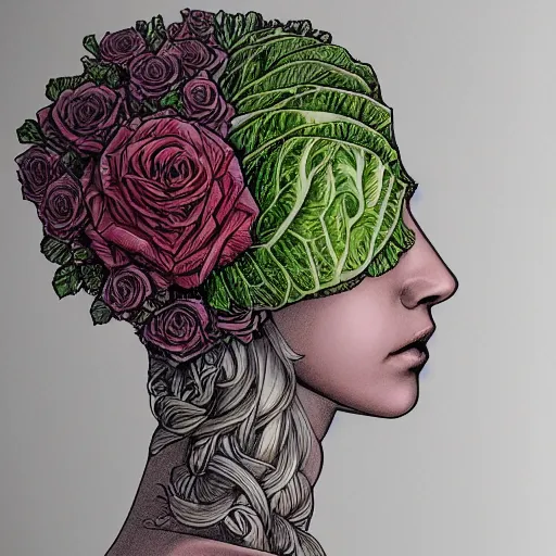 Prompt: the anatomy of a head of lettuce with roses that resemble a beautiful girl, an ultrafine detailed illustration by james jean, intricate linework, bright colors, final fantasy, behance contest winner, vanitas, angular, altermodern, unreal engine 5 highly rendered, global illumination, radiant light, detailed and intricate environment