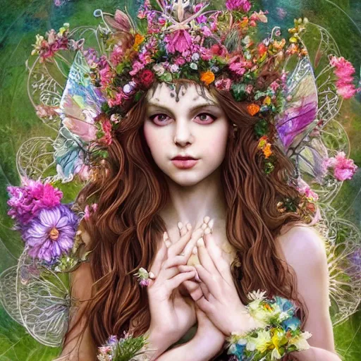 Prompt: Beautiful garden witch goddess, ornate fairy crown, california girl, wearing a flowing dress, lots of flowers, symmetrical face, art nouveau, portrait, cute, playful, fairy, harper's bazaar, pearlescent, sacred geometry, detailed background, featured on artstation, by Daniel Gerhartz, by ross tran, bright pastel colors, face by artgerm, by Kelly McKernan, by Charlie Bowater, by Laura rubin, 8k