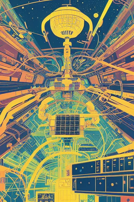 Image similar to the interior of an international space station filled with electronic equipment, ancient futuristic japanese temple, poster art by victo ngai, ori toor, kilian eng behance contest winner, crystal cubism, poster art, cubism, tarot card, psychedelic art, concert poster, poster art, maximalist