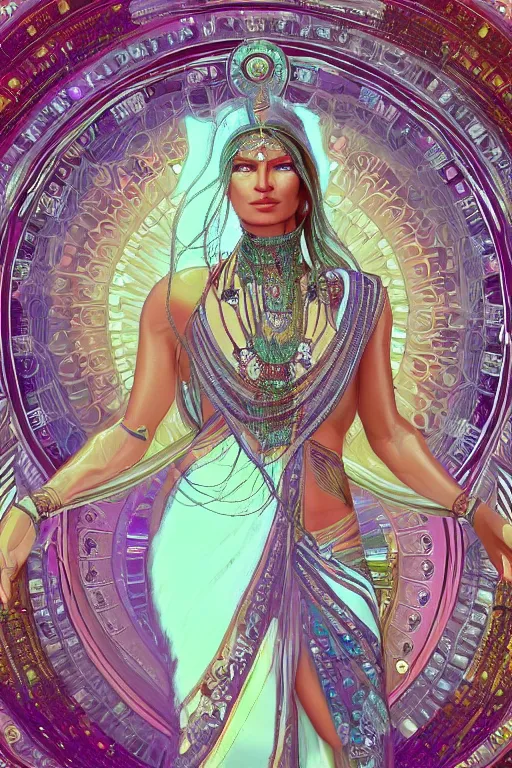 Image similar to a photo of a beautiful indian ancient alien woman goddess kate moss in jewelery and fractals in style of alphonse mucha art nuvo trending on artstation made in unreal engine 4 octane render in 8 k