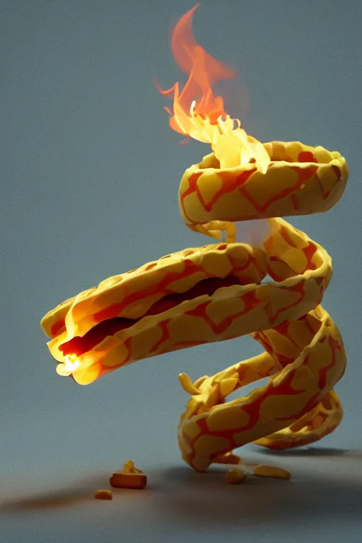 Image similar to a 3d rendered snake spitting fire made of french fries in a mc donalds commercial, 4k sharp, 3d render , cinema4d by Beeple and pixar