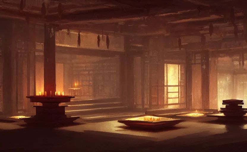 Image similar to painting of an interior Japanese temple with candles by Greg Rutkowski and Craig Mullins, Dark atmospheric sad and cinematic lighting, Trending on artstation