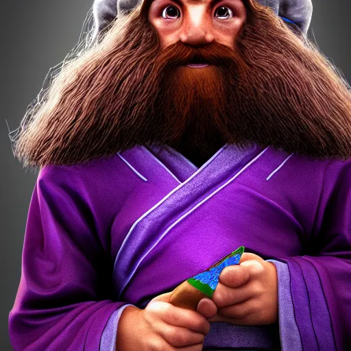 Image similar to portrait of lightfoot halfling wizard, brown hair, purple robes, holding blue wand, trending on artstation, cinematic lighting, hyper realism, octane render, 8 k, hyper detailed