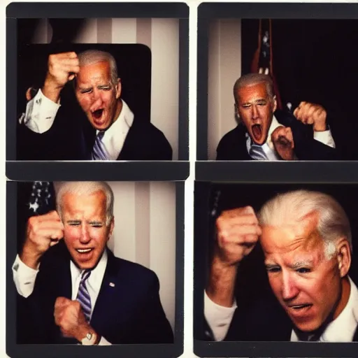 Prompt: polaroid of joe biden punching camera, enraged, angry, gritting teeth, spit flying, blurry, motion blur