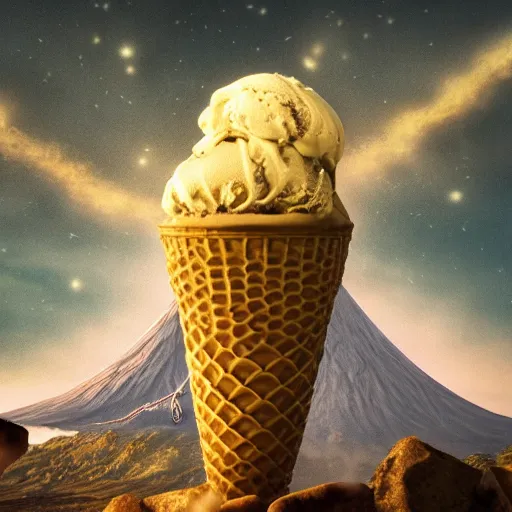Image similar to Cthulhu in the foreground eating a vanilla ice cream cone. exploding volcano is hit by meteor in the background, by Philipp A. Urlich and H. R. Geiger and H. P. Lovecraft, fantasy, intricate, elegant, highly detailed, digital painting, artstation, blender, unreal engine 5, octane render, smooth, sharp focus, illustration