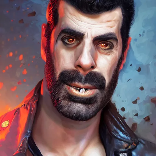 Prompt: sacha baron cohen as duke nukem | | cool - male - face, manly face, fine details by stanley artgerm lau, wlop, rossdraws, james jean, andrei riabovitchev, marc simonetti, and sakimichan, trending on artstation