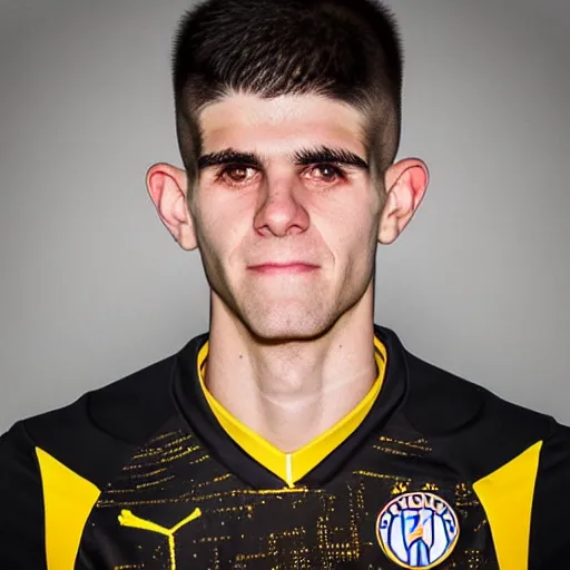 Image similar to “a realistic detailed photo of a guy who is an attractive humanoid who is half robot and half humanoid, who is a male android, Christian Pulisic, shiny skin, posing like a statue, blank stare, press conference, on display”