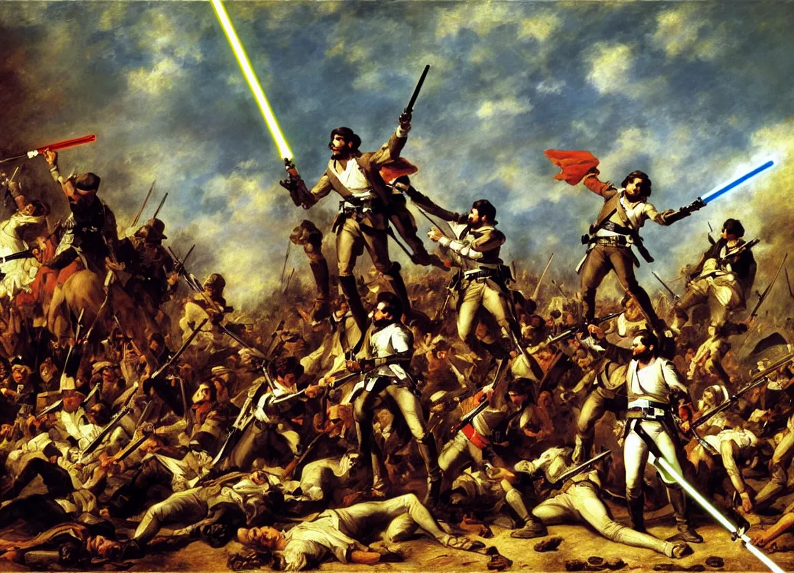 Image similar to liberty leading the people, french revolution, eugene delacroix, jedi, lightsaber, ewoks, at - st, tie - fighter, endor forest, oil on canvas