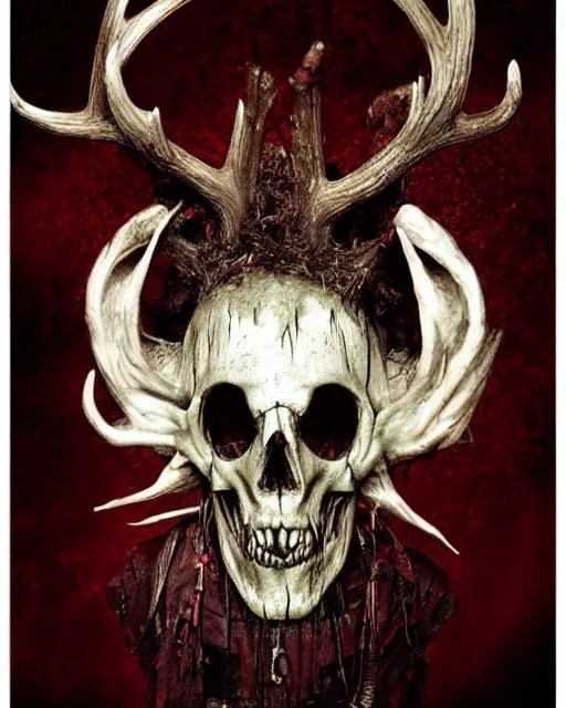 Image similar to deer - skull ghost - spirit of the grim - warpaint wears the scarlet skull armor and native blood headdress antlers, midnight fog - mist!, dark oil painting colors, realism, cinematic lighting, various refining methods, micro macro autofocus, ultra definition, award winning photo, photograph by ghostwave - gammell - giger - shadowlord