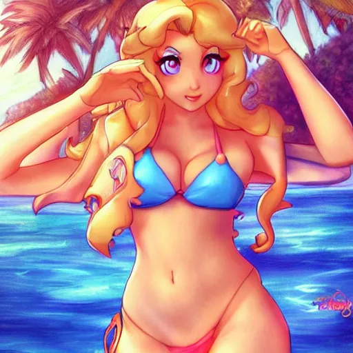 Image similar to beautiful princess peach in a bikini on the beach drawn by artgerm